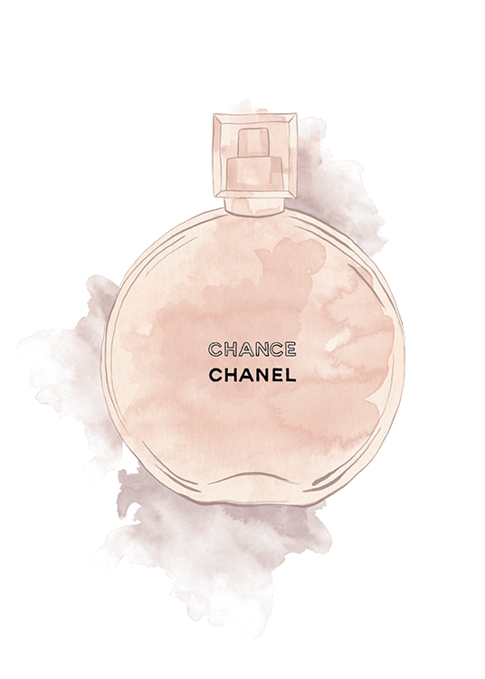  – Aquarell einer Chanel-Parfümflasche in Rosa auf weißem Hintergrund