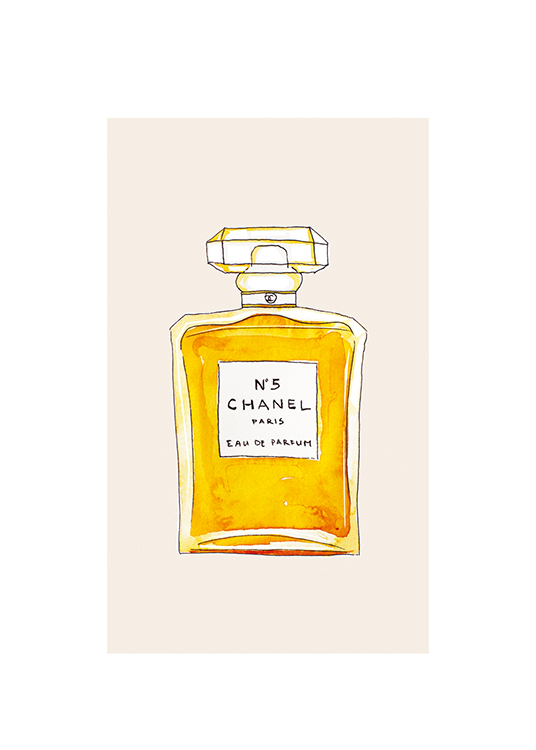  – Illustration einer Chanel-Parfümflasche in Orange auf beigem Hintergrund
