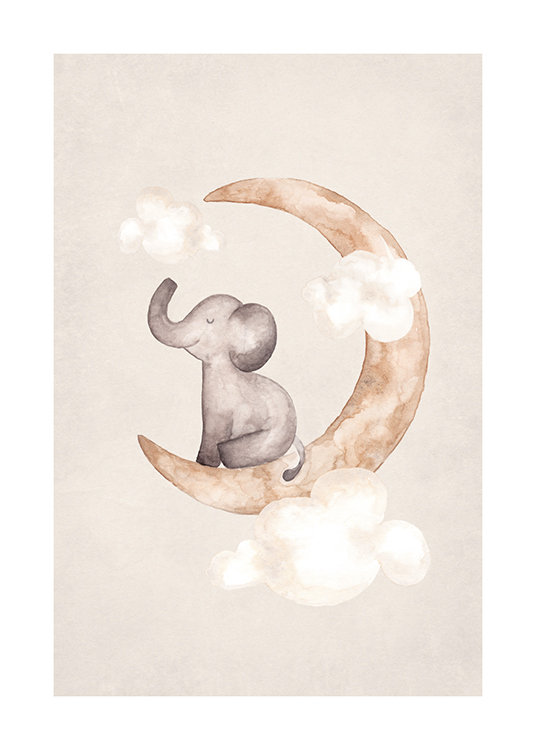  – Aquarell-Malerei eines kleinen Elefanten, der von Wolken umgeben auf einem Mond sitzt