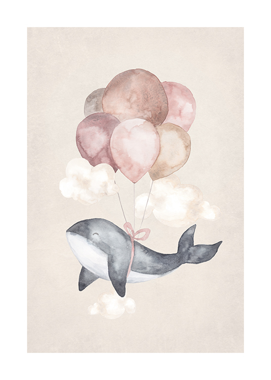  – Aquarell mit einem kleinen Wal, der an rosa und beigen Ballons in der Luft schwebt, vor einem beigen Hintergrund