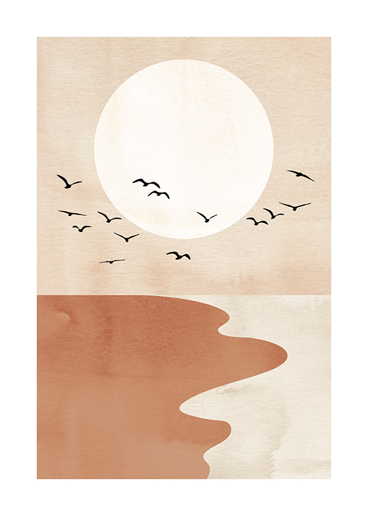  – Grafische Illustration mit einem roten und beigen Strand, schwarzen Vögeln und einem hellbeigen Kreis