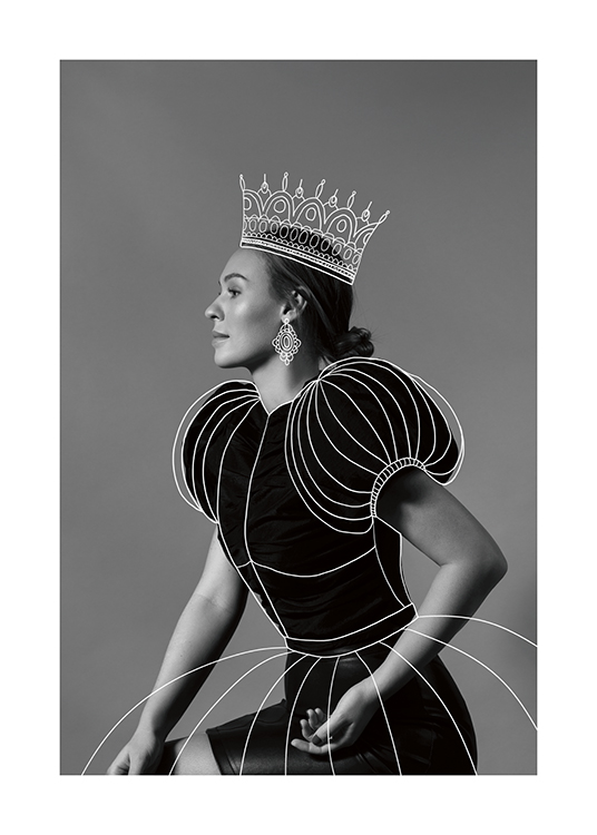  – Schwarz-weiß-Fotografie einer Frau im Profil mit einer Krone und einem Kleid, die gezeichnet sind