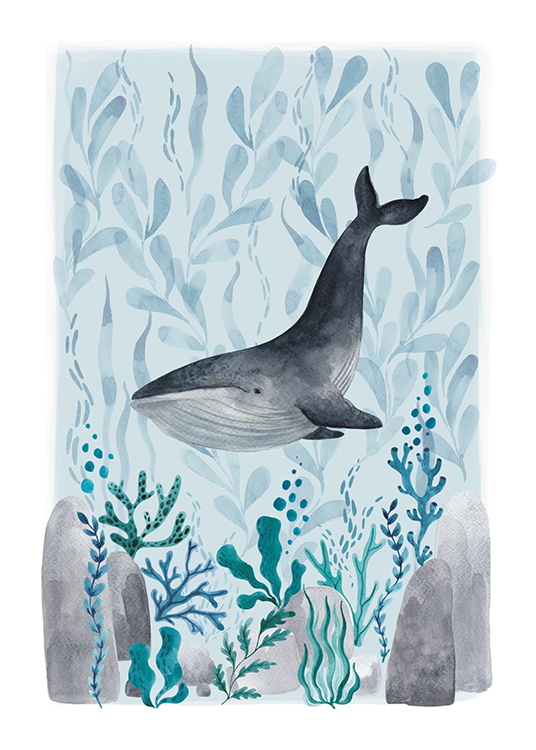  – Aquarellzeichnung eines Wals, der zwischen blauen und grünen Pflanzen schwimmt, auf blauem Hintergrund