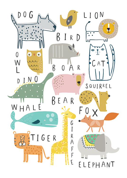  – Grafische Illustration mit Tieren und ihren englischen Namen auf weißem Hintergrund