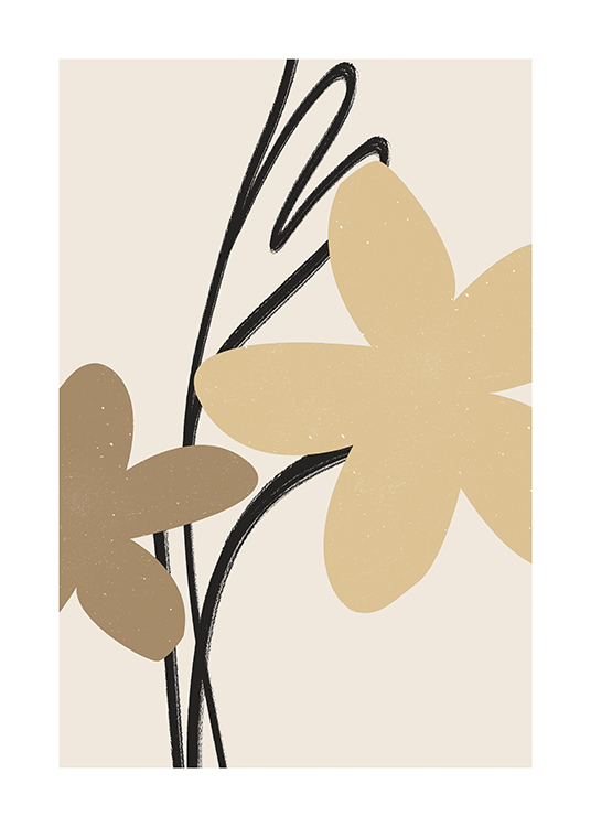  – Grafische Darstellung von zwei Blumen in beige und braun und einer wirbelnden schwarzen Linie vor einem hellbeigen Hintergrund