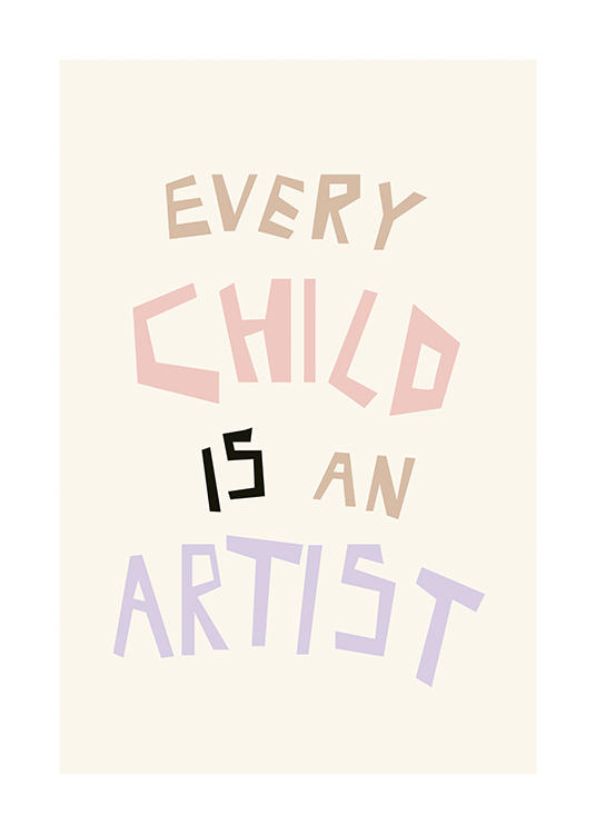  – Der Text „Every child is an artist“ in farbenfrohem Text vor hellgelbem Hintergrund