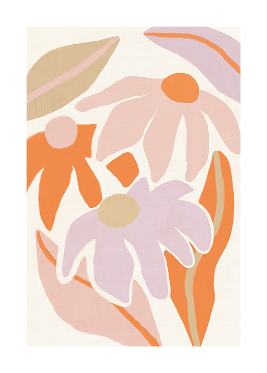  – Abstrakte Blumen und Blätter in Rosa, Orange und Lila vor einem hellen Hintergrund