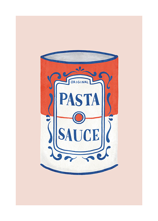  – Illustration einer Dose Pastasauce in Rot und Weiß mit blauen Details, vor einem rosa Hintergrund