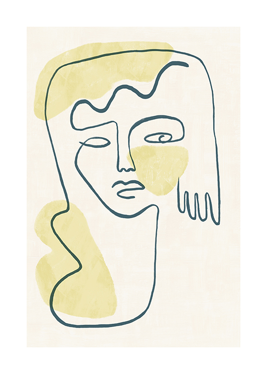  – Illustration eines Gesichts und einer Hand in Line Art, mit gelben Figuren und hellbeigem Hintergrund