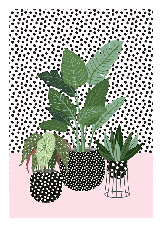  – Illustration von Pflanzen vor einer gepunkteten Wand in gepunkteten Töpfen