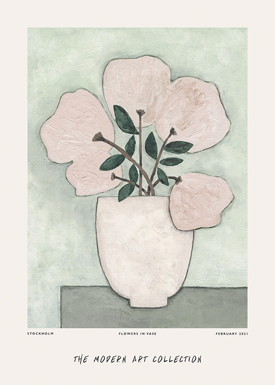  – Malerei, die eine Vase mit staubrosa Blumen auf einem grünen Hintergrund zeigt, darunter Text