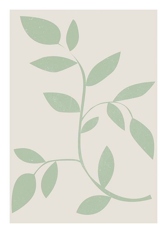  – Illustration von grünen Blättern, die über einen beigen Hintergrund wirbeln