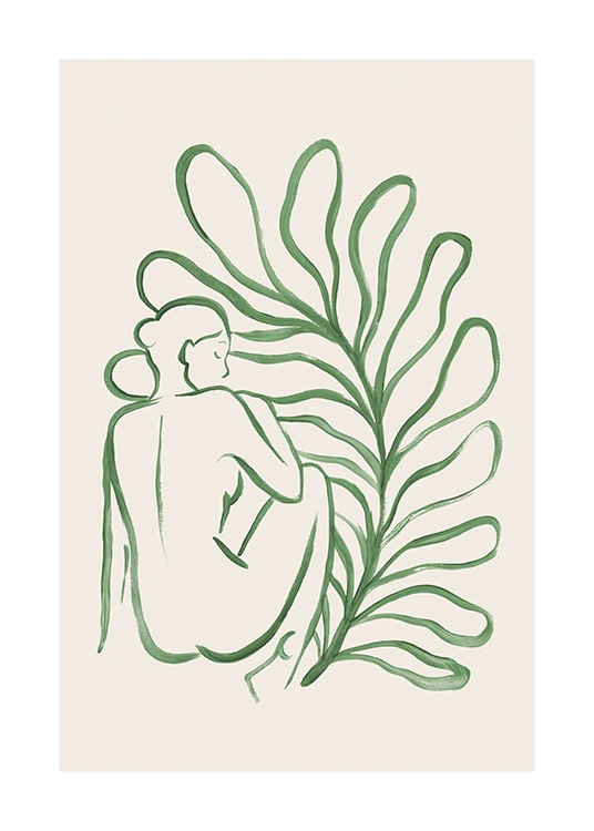  – Illustration eines großen Blattes hinter einer nackten Frau in Grün, gezeichnet vor einem beigen Hintergrund