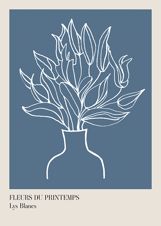 – Grafische Illustration mit einem in Weiß gezeichneten Blumenstrauß in einer Vase vor blaugrauem Hintergrund