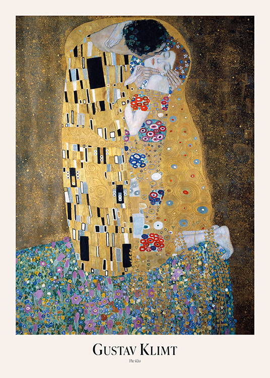 – Malerei, auf der ein Mann eine Frau auf die Wange küsst, dahinter goldbrauner Hintergrund mit Blumendetails