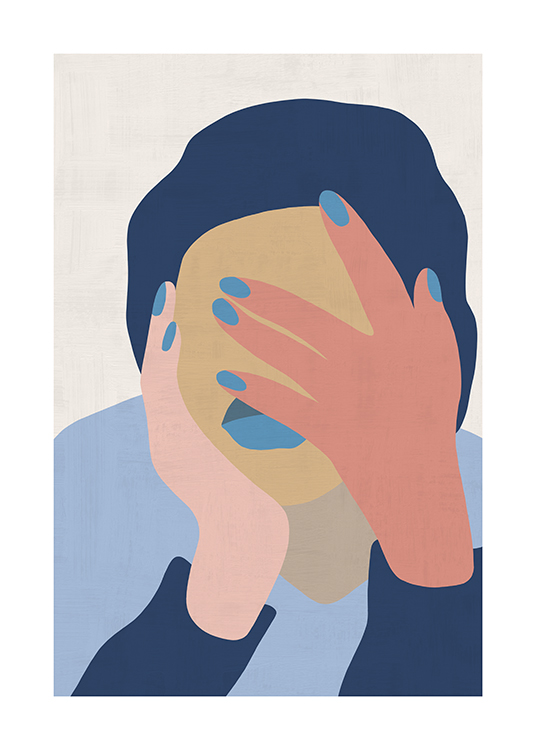  – Grafische, abstrakte Illustration einer Frau, die ihr Gesicht mit ihren Händen bedeckt