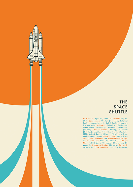 – Grafische Illustration mit einer weißen Raumfähre vor orangem, blauem und beigem Hintergrund