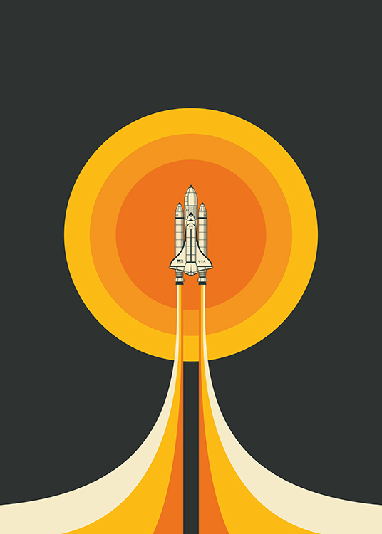  – Grafische Illustration eines gelben und orangen Kreises hinter einer Raumfähre
