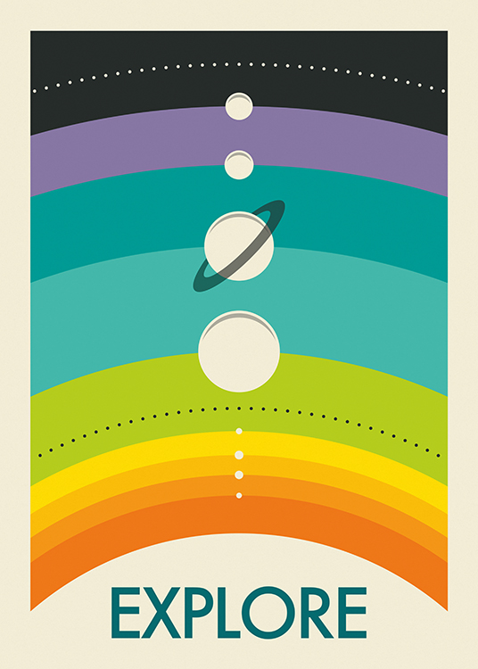  – Grafische Illustration mit einem Regenbogen hinter Planeten, darunter Text