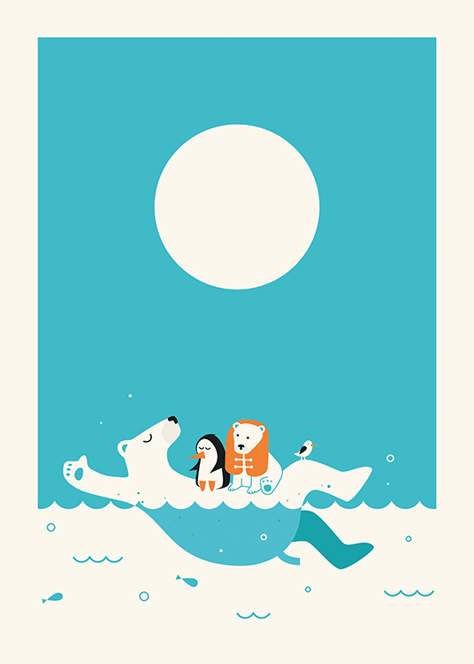  – Grafische Illustration eines schwimmenden Eisbären mit Tieren auf dem Bauch