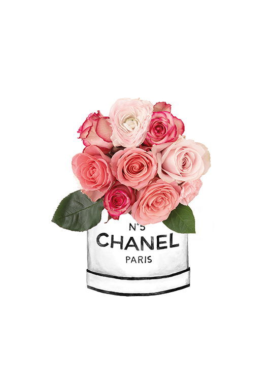  – Illustration eines Chanel-Blumentopfes mit rosa Rosen darin