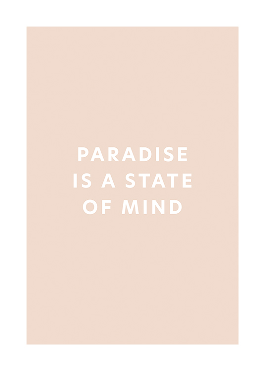  – Motivationsposter in Rosa und Beige mit dem Text „Paradise is a state of mind“ in Weiß