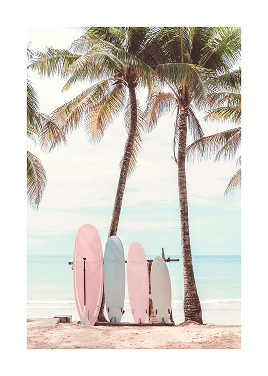  – Fotografie von einigen bunten Surfbrettern, die an zwei Palmen lehnen