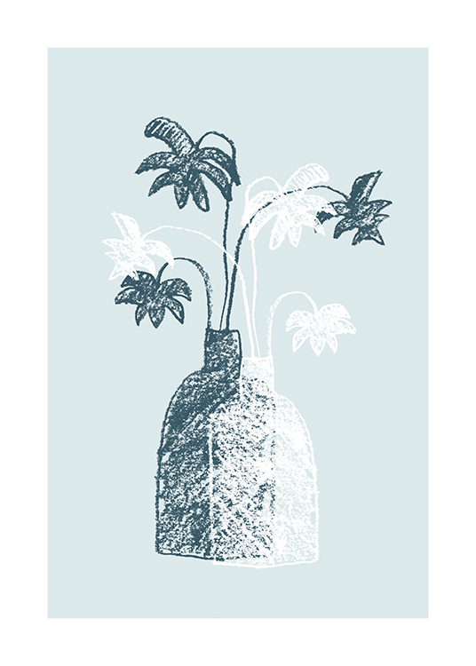  – Illustration einer blauen und weißen Vase mit Palmblättern darin
