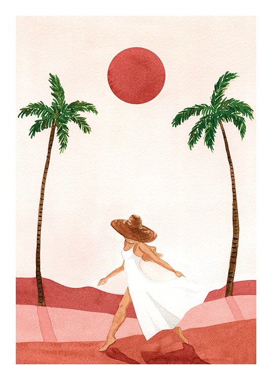  – Illustration einer Frau, die in einem weißen Kleid und mit Sonnenhut auf rotem Sand geht, im Hintergrund Palmen
