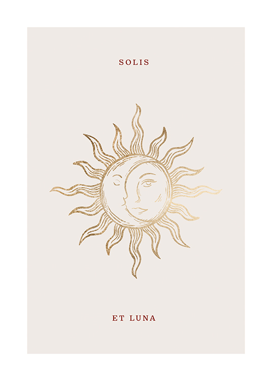  – Grafische Illustration einer Sonne und eines Mondes in Orange vor einem hellbeigen Hintergrund