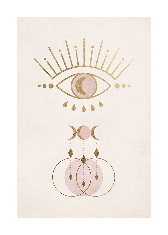  – Grafische Illustration, die ein Auge und Symbole in Gold und Rosa vor einem hellbeigen Hintergrund zeigt