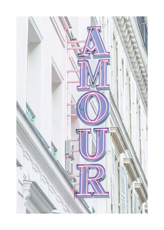  – Fotografie eines Neonschildes mit dem Wort „Amour“ in Lila und Rosa an einem Gebäude