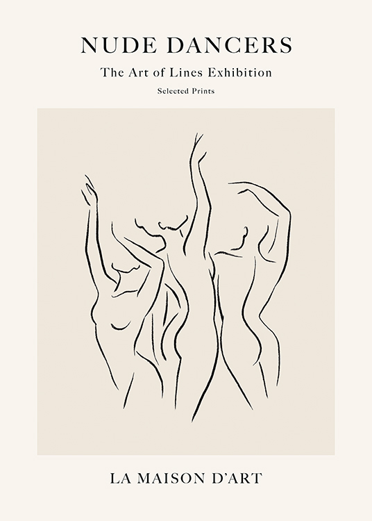 – Illustration, die eine Gruppe von tanzenden, nackten Frauen vor beigem Hintergrund zeigt