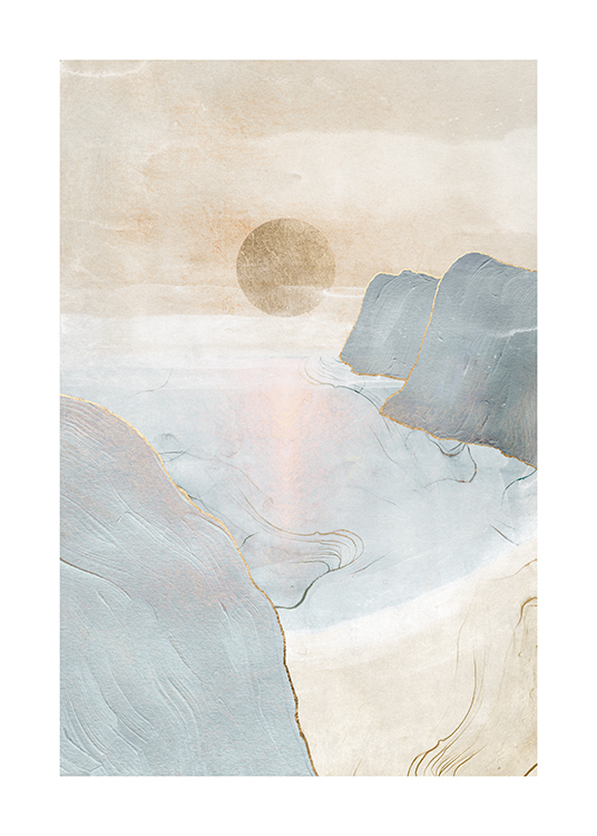  – Abstrakte Malerei eines Sonnenuntergangs in Pastellblau und Beige mit goldenen Details