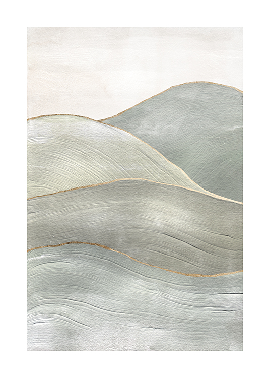  – Malerei, die abstrakte Hügeln in Graugrün mit goldenen Umrissen zeigt