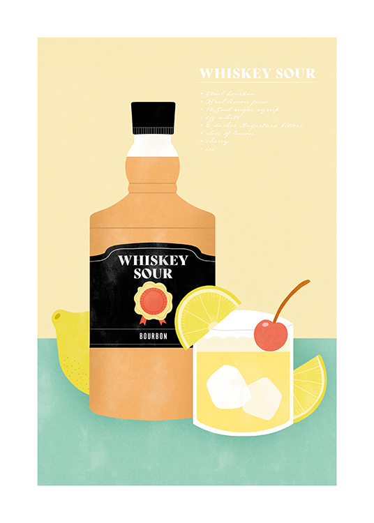  – Grafische Illustration, die eine Whiskeyflasche und ein Glas Whiskey Sour mit Zitronenstücken und einer Kirsche zeigt