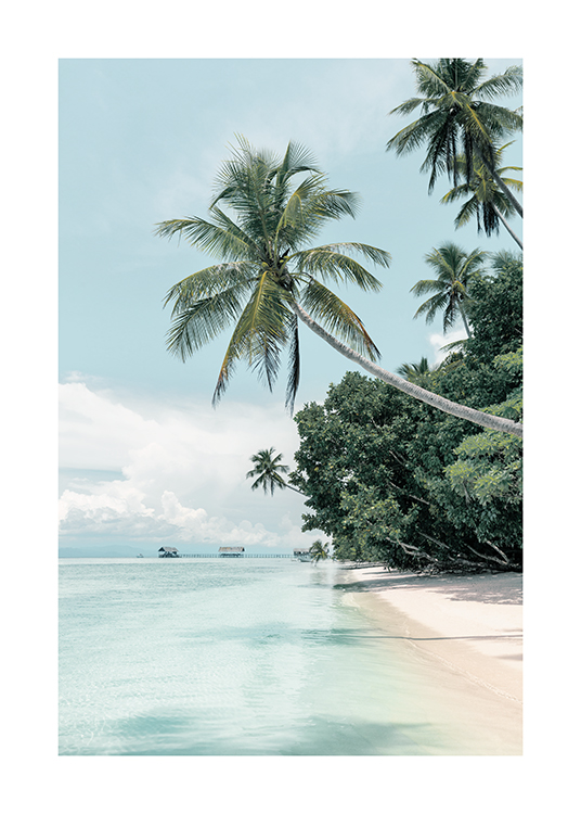  – Tropenfotografie, die einen Strand mit Palmen und ein blaues Meer zeigt