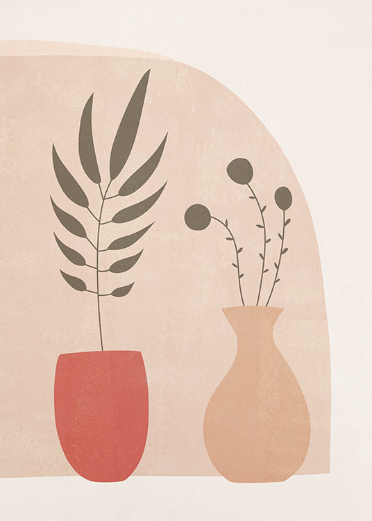  – Grafische Illustration von roten und beigen Vasen, in denen Blätter stecken, vor einem hellbeigen Hintergrund