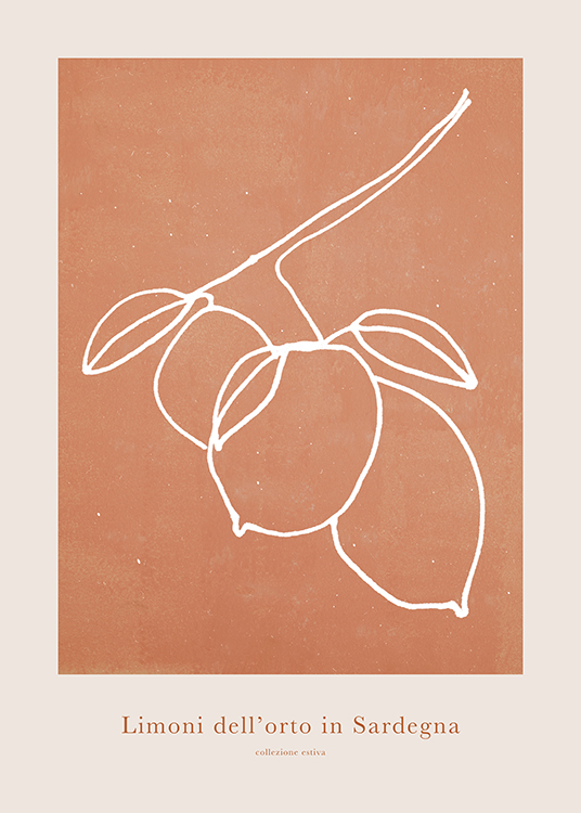  – Illustration eines weißen Zweigs mit Zitronen vor einem orangen und hellbeigen Hintergrund mit Text darunter