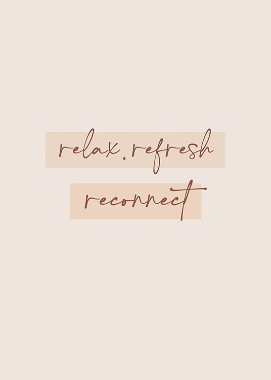  – Text „Relax. Refresh. Reconnect“ in Handschrift auf einem Hintergrund in Hellgrau und Beige