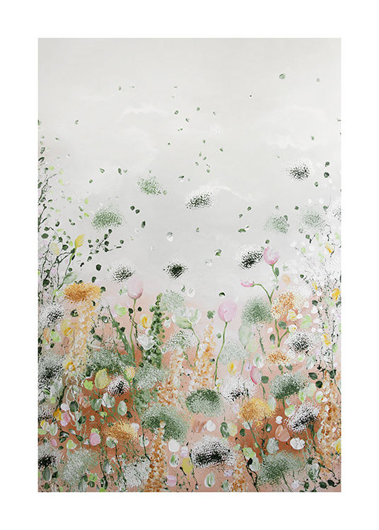  – Abstrakte Malerei mit kleinen Pflanzen und Blumen in verschiedenen Farben vor grauem Hintergrund