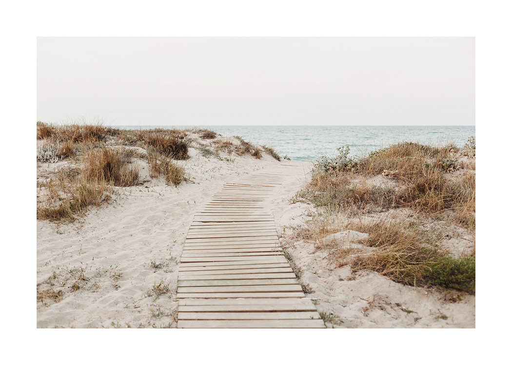 – Fotografie von Sanddünen, über die ein grasgesäumter Holzbohlenweg führt, im Hintergrund das Meer