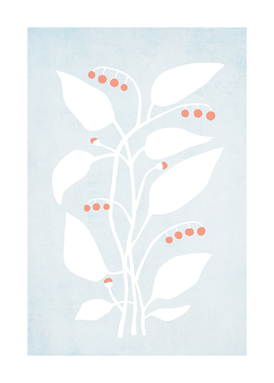  – Illustration, die Blätter in Weiß und Beeren in Rot vor einem hellblauen Hintergrund zeigt