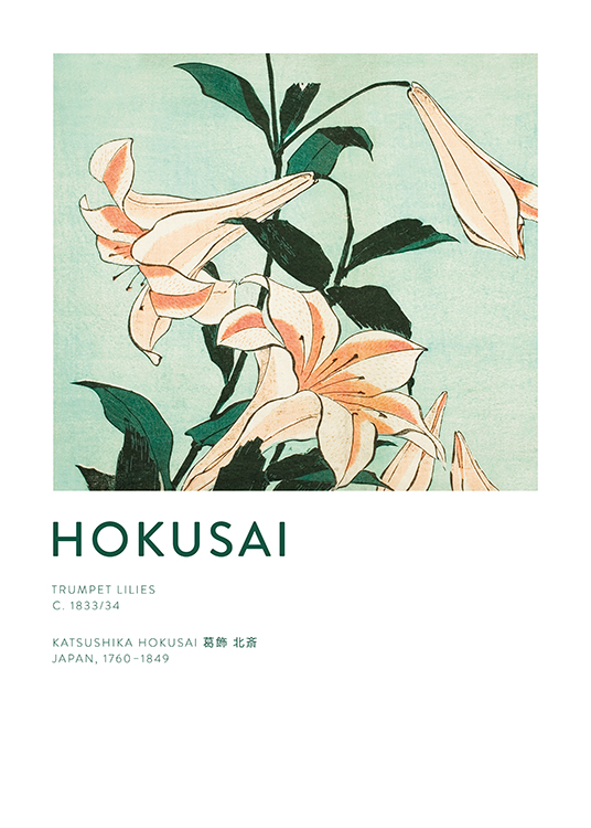 – Malerei von Hokusai, die Oster-Lilien und grüne Blättern auf hellgrünem Hintergrund zeigt