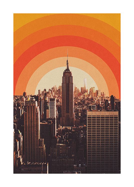  – Fotografie von Gebäuden in New York City mit einem abstrakten, grafischen Sonnenuntergang im Hintergrund