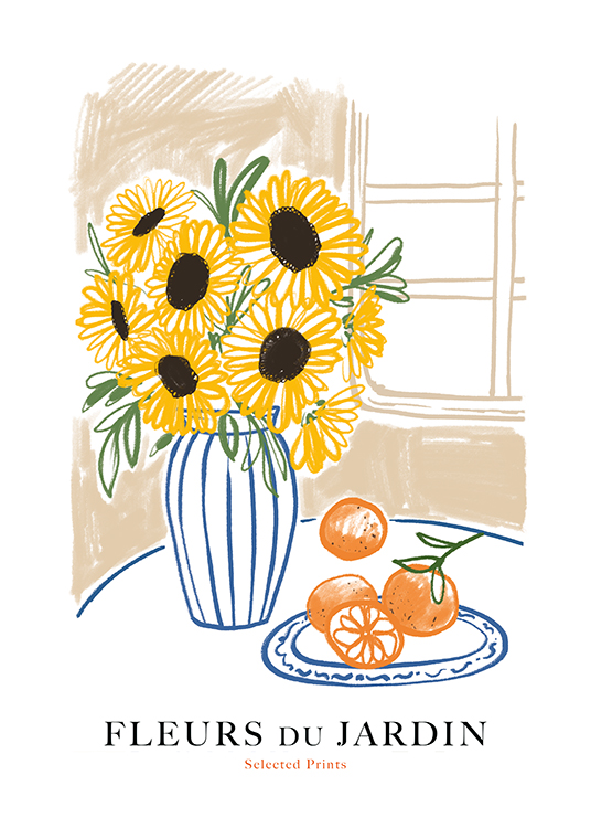  – Illustration einer Vase mit Sonnenblumen und Orangen daneben, darunter Text