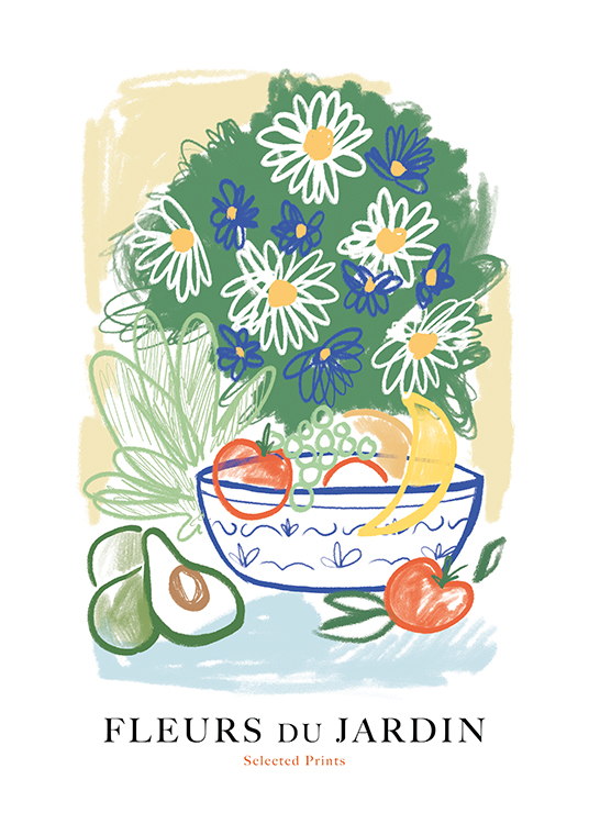  – Illustration eines Blumenstraußes und Obst und Gemüse in einer Schale