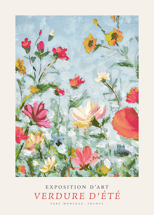 – Malerei, die Blumen in Gelb, Rot und Rosa vor einem blauen Hintergrund zeigt