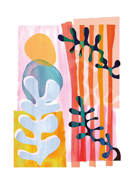  – Abstrakte Illustration mit Algen und Korallenformen vor einem bunten Hintergrund