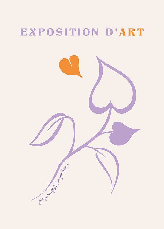  – Poster im Ausstellungslook, das eine zartlila Blumenillustration in Line-Art zeigt